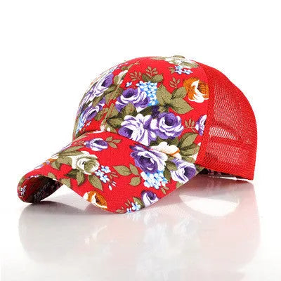 Sunscreen peaked cap with big eaves, floral pattern, adjustable size, twill fabric, curling eaves, in black, rose red, sky blue, royal blue, or big red.