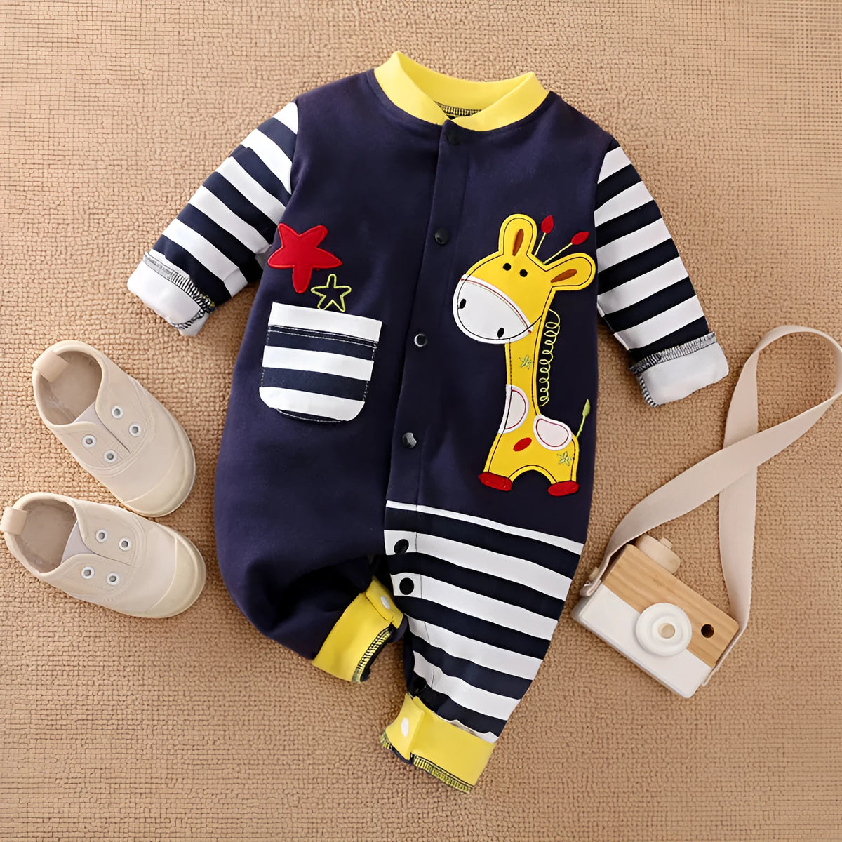 Long-sleeved cotton baby romper with concealed buckle in yellow or black, sizes 52cm to 80cm