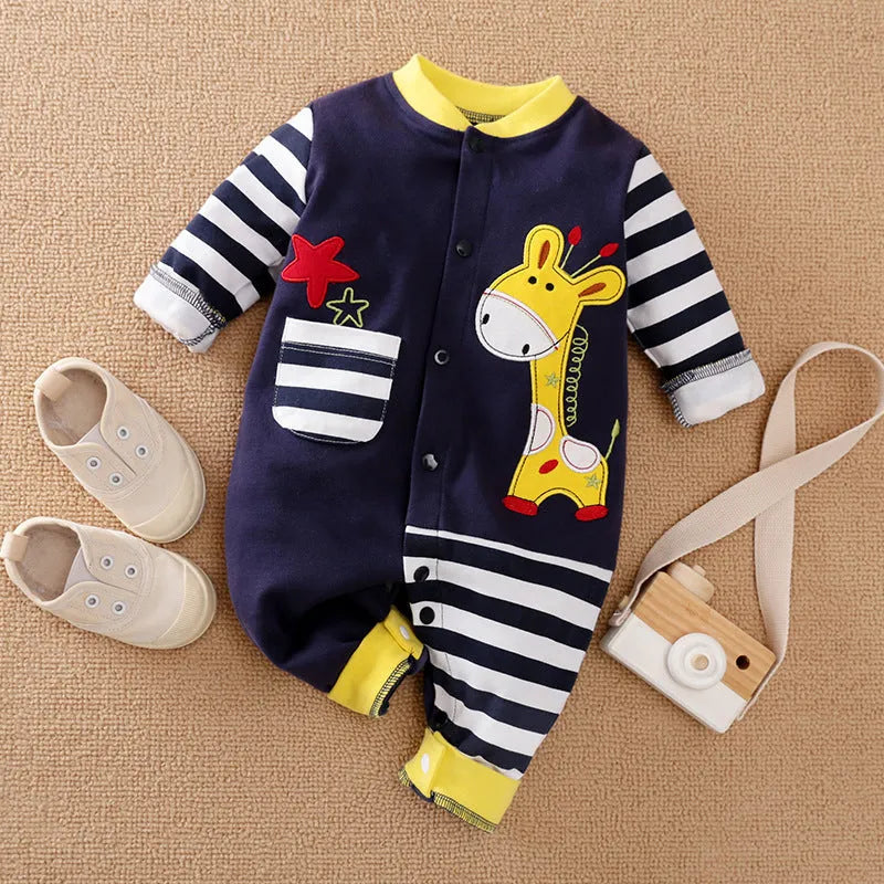 Long-sleeved cotton baby romper with concealed buckle in yellow or black, sizes 52cm to 80cm