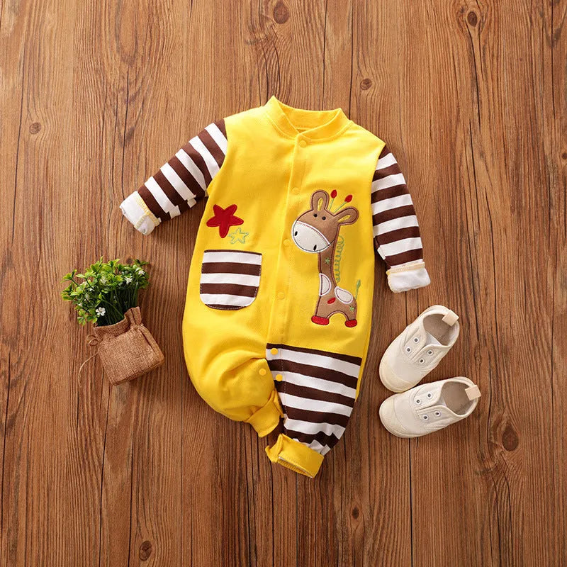 Long-sleeved cotton baby romper with concealed buckle in yellow or black, sizes 52cm to 80cm