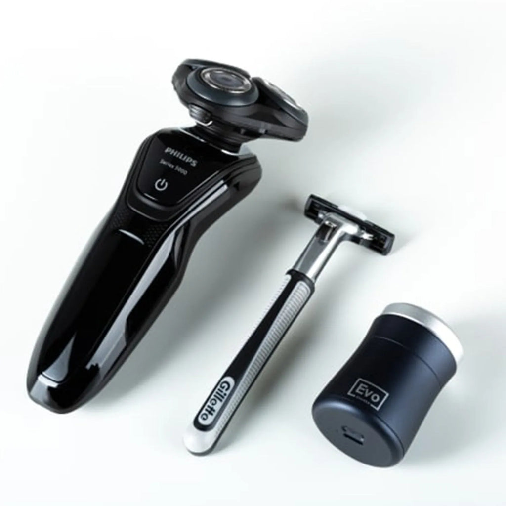 Space blue electric portable shaver with rotary 3 heads, Type-C charging, 6000 RPM speed, and 70g lightweight body