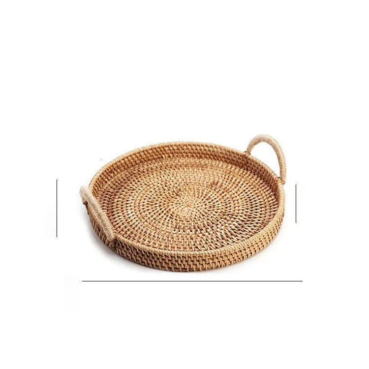 Handwoven round rattan basket with wooden handle in three size options for home storage