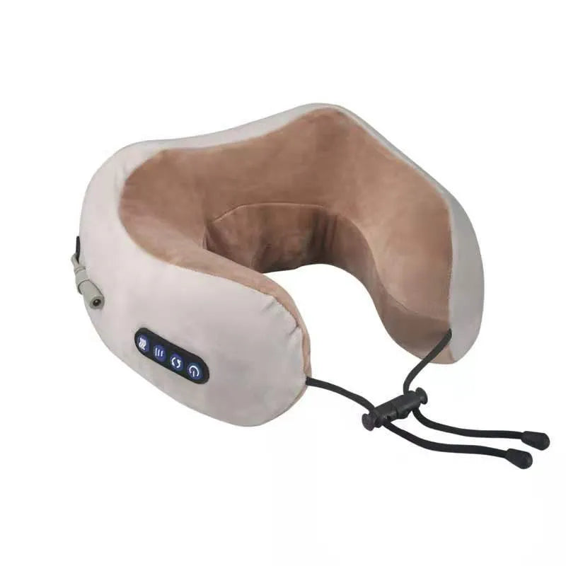 Brown U-shaped electric neck massage pillow on a grey background.