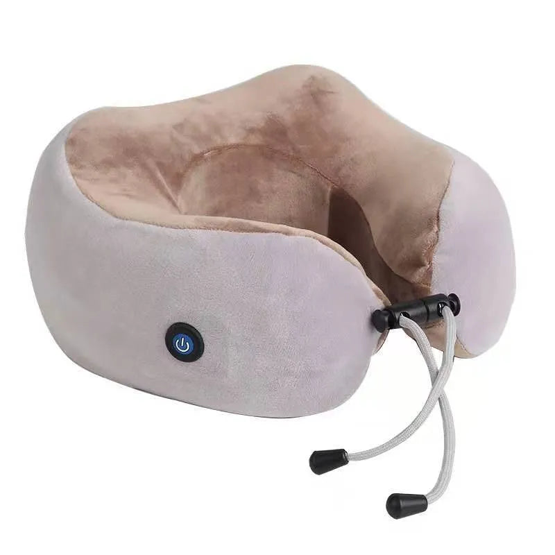 Brown U-shaped electric neck massage pillow on a grey background.