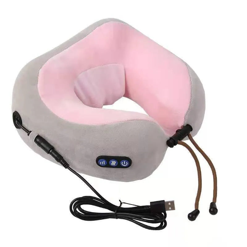 Brown U-shaped electric neck massage pillow on a grey background.