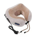 Brown U-shaped electric neck massage pillow on a grey background.