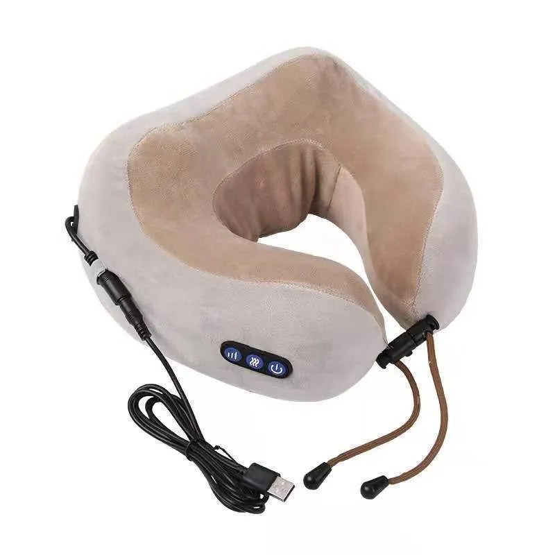 Brown U-shaped electric neck massage pillow on a grey background.