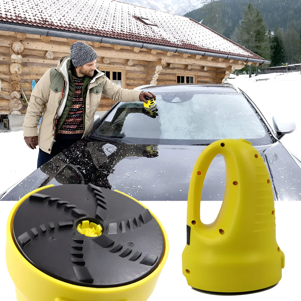 Yellow electric car ice scraper with ABS body, 3000mAh battery, USB charger, protective cap, and rotating removal disc, 16x11x11cm