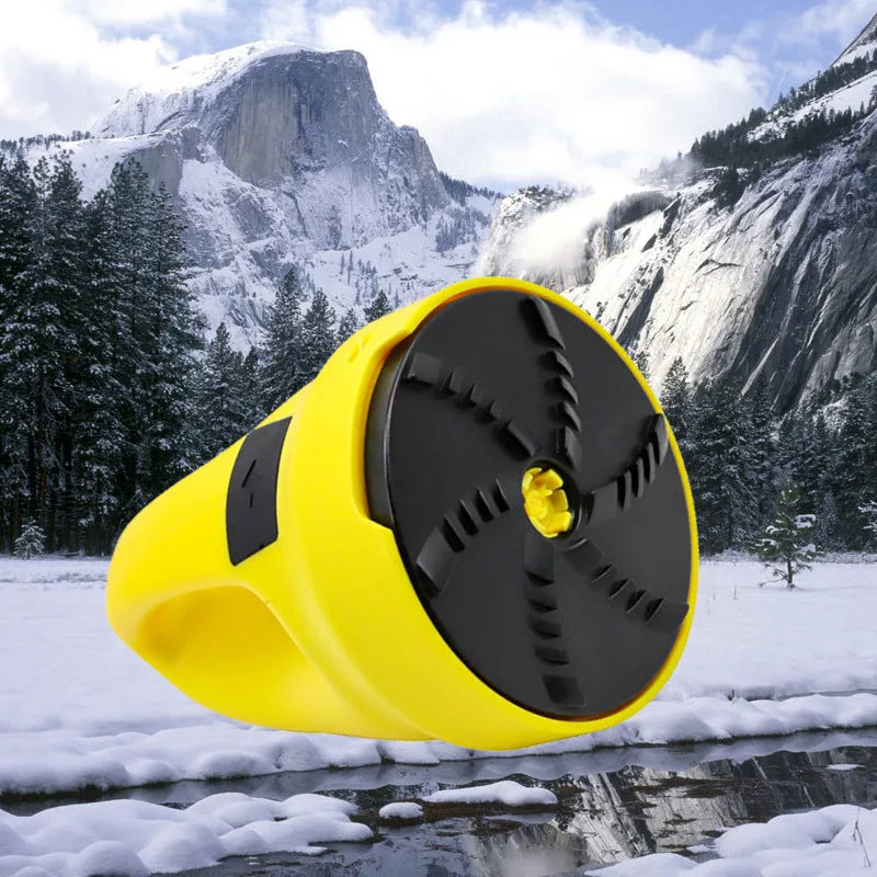 Yellow electric car ice scraper with ABS body, 3000mAh battery, USB charger, protective cap, and rotating removal disc, 16x11x11cm