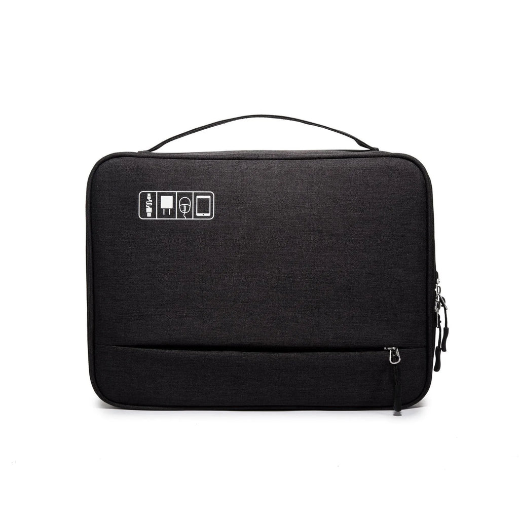 Cube-shaped polyester digital storage bag in black with zippered opening for cables and gadgets