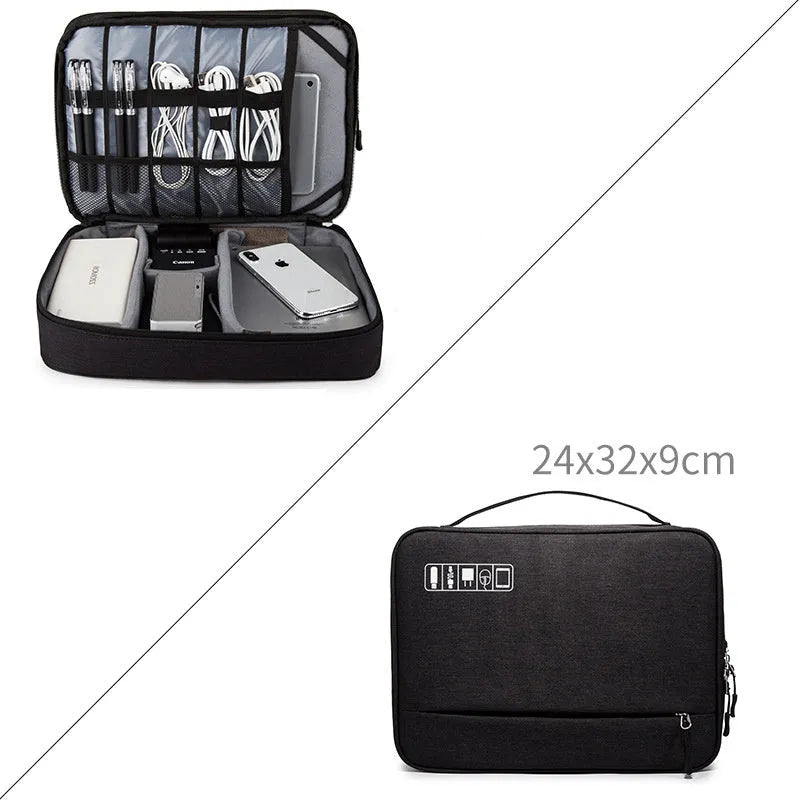 Cube-shaped polyester digital storage bag in black with zippered opening for cables and gadgets