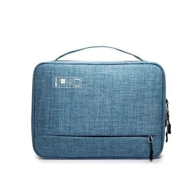 Cube-shaped polyester digital storage bag in black with zippered opening for cables and gadgets