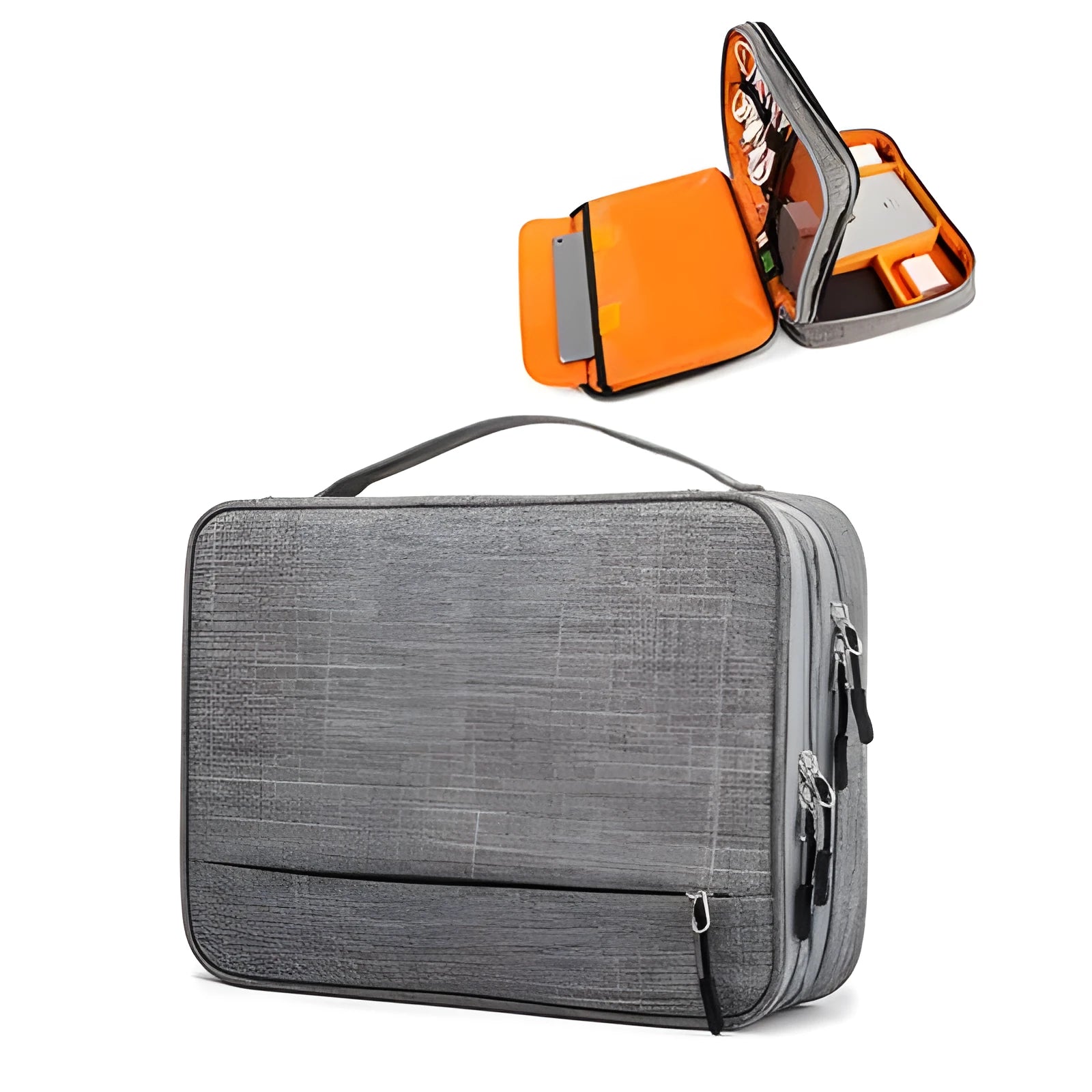 Cube-shaped polyester digital storage bag in black with zippered opening for cables and gadgets