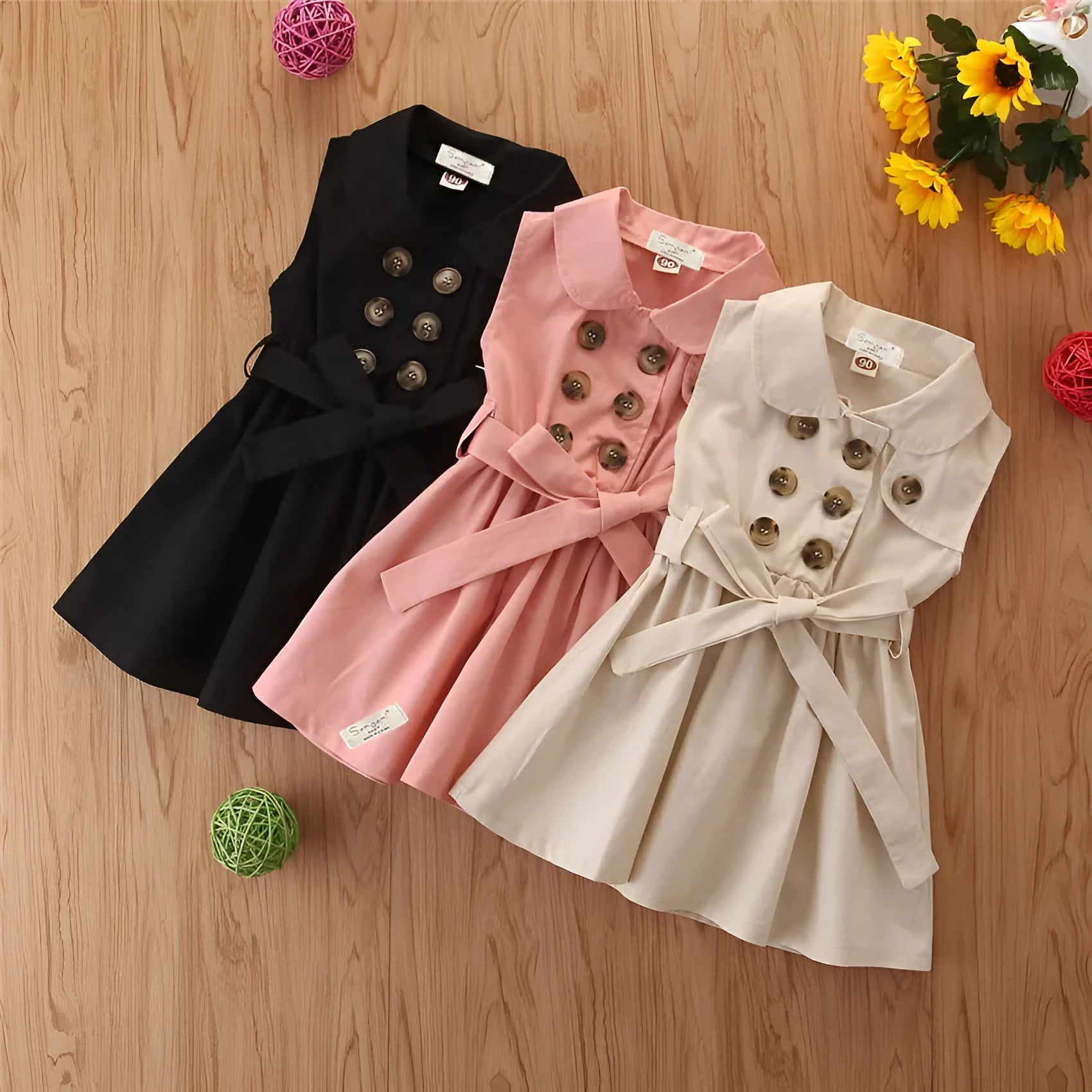 Girls sleeveless pink cotton princess A-line dress with a sash and button detail on a hanger.