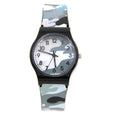 Cartoon-style quartz watch with PVC strap, 34mm dial, in blue colour on white background