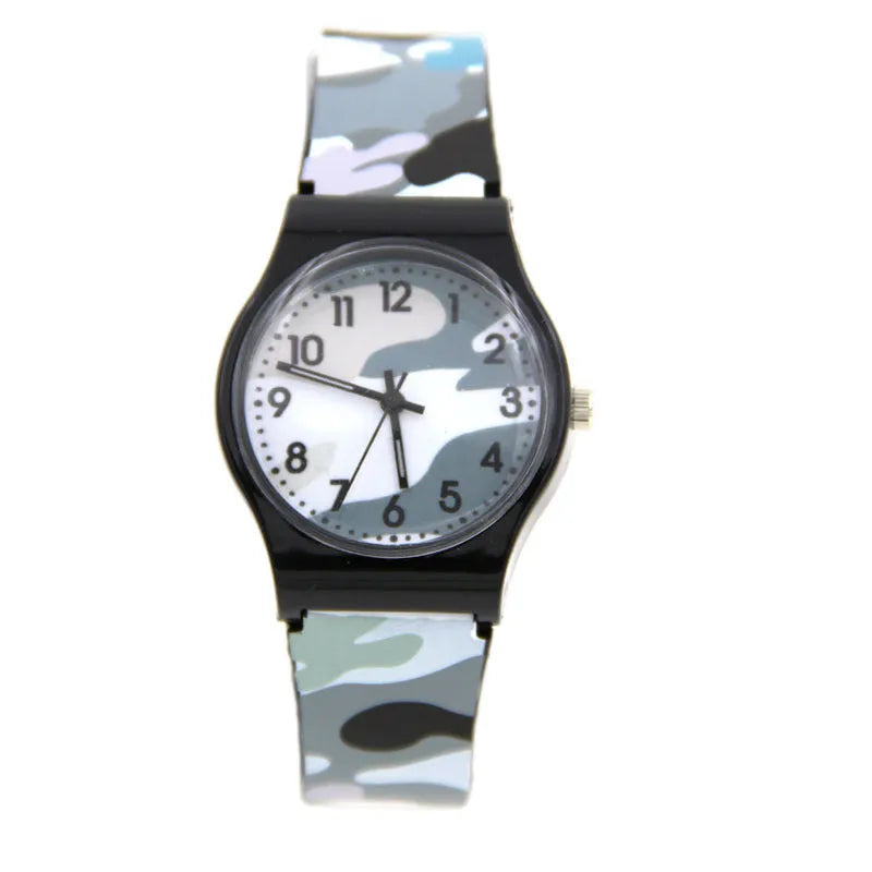 Cartoon-style quartz watch with PVC strap, 34mm dial, in blue colour on white background