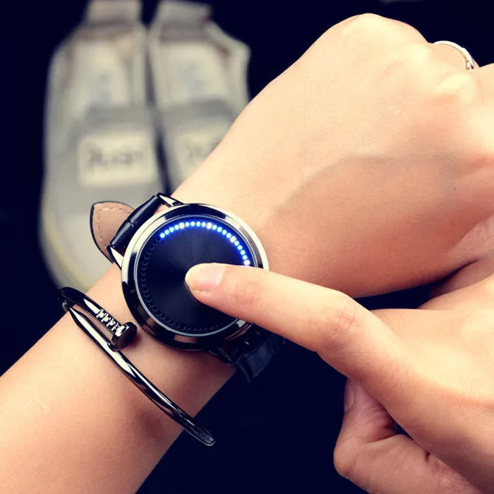 Casual electronic digital watch with blue LED display showing time in numbers