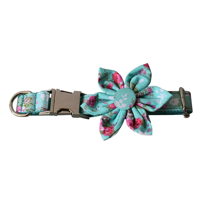 Green rose floral cotton dog collar and leash set on a light background, sizes S to XL available