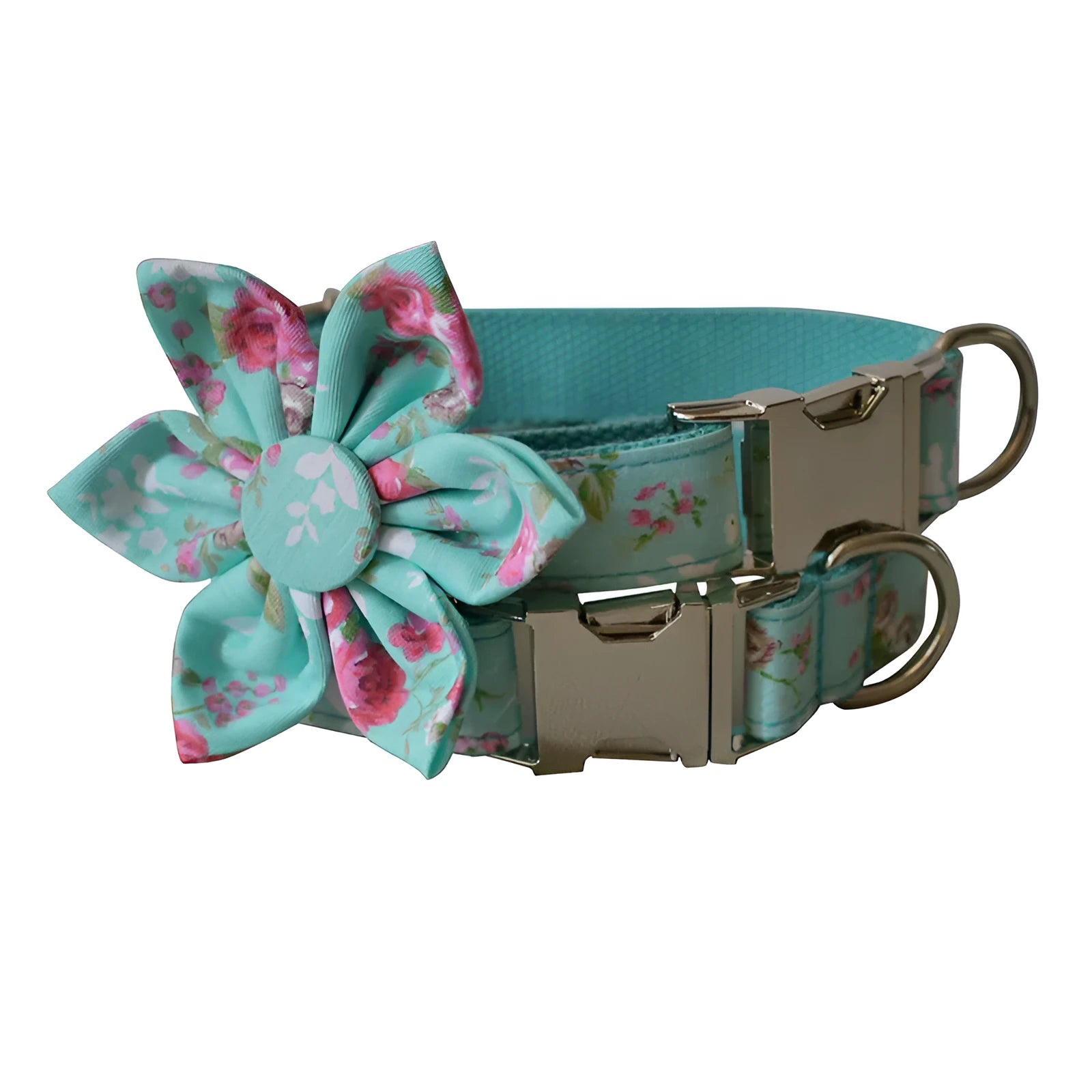 Green rose floral cotton dog collar and leash set on a light background, sizes S to XL available