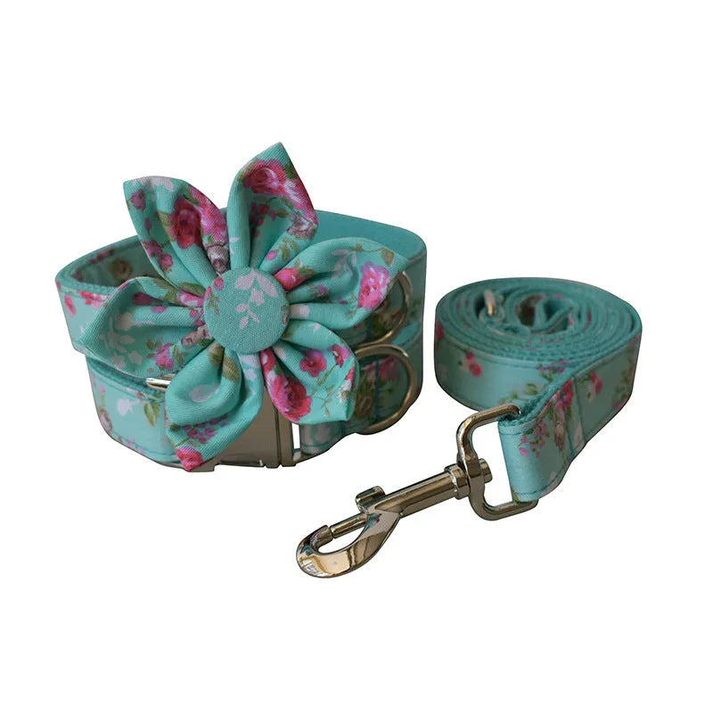 Green rose floral cotton dog collar and leash set on a light background, sizes S to XL available
