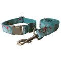 Green rose floral cotton dog collar and leash set on a light background, sizes S to XL available