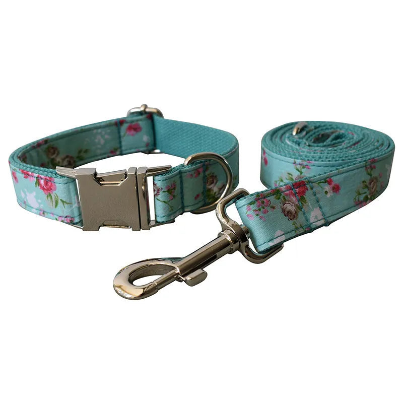 Green rose floral cotton dog collar and leash set on a light background, sizes S to XL available