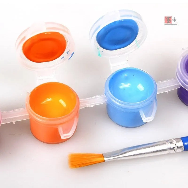 Children's one-time colour-filling gouache painting set showing sketchpad, 8 pigment rows, and pens