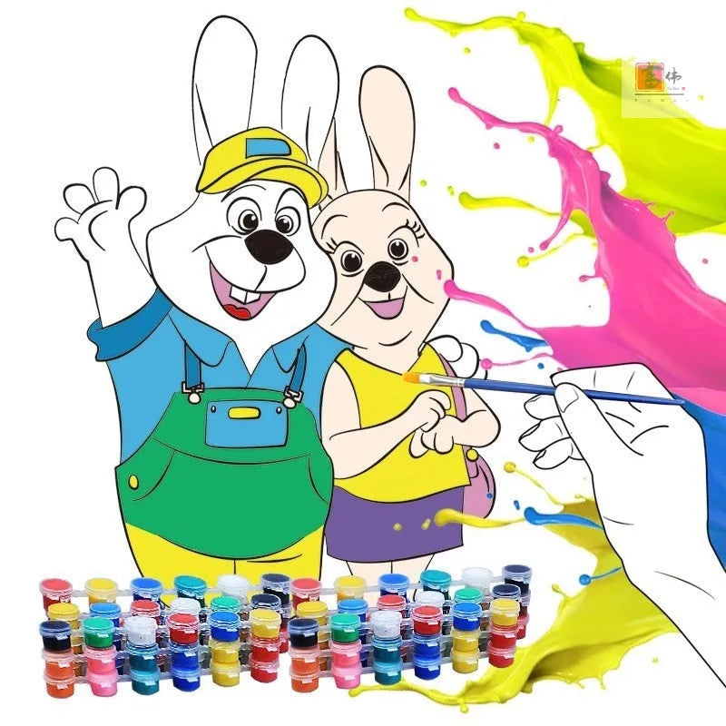 Children's one-time colour-filling gouache painting set showing sketchpad, 8 pigment rows, and pens