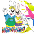 Children's one-time colour-filling gouache painting set showing sketchpad, 8 pigment rows, and pens