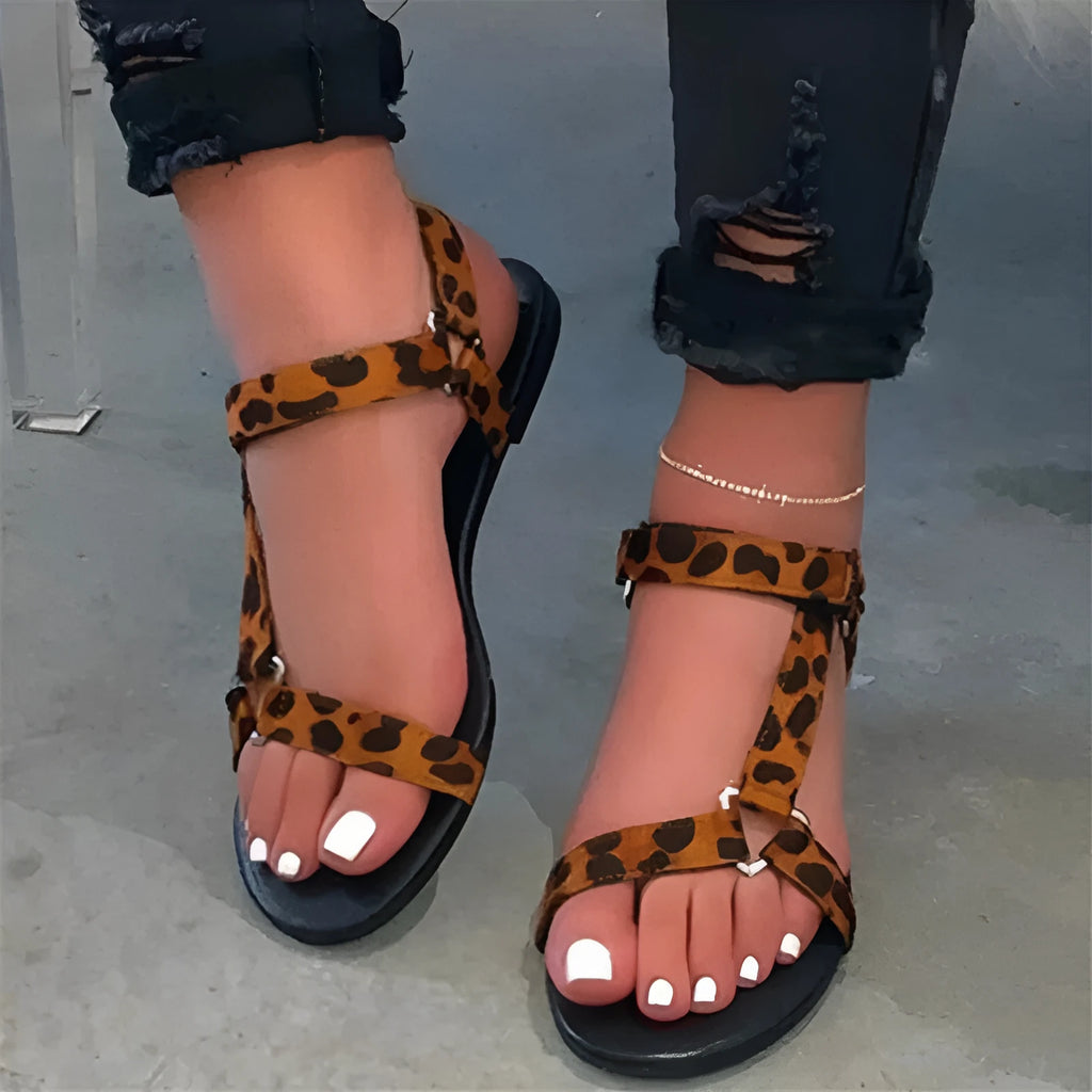 Flat women beach shoes sandals with Velcro strap, frosted finish, side air vents, black colour