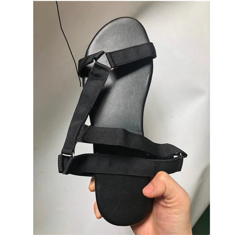 Flat women beach shoes sandals with Velcro strap, frosted finish, side air vents, black colour