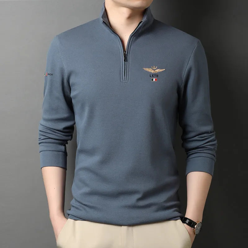 Men's long-sleeved stand-up collar 100% cotton shirt in grey, loose fit, plain style for spring autumn