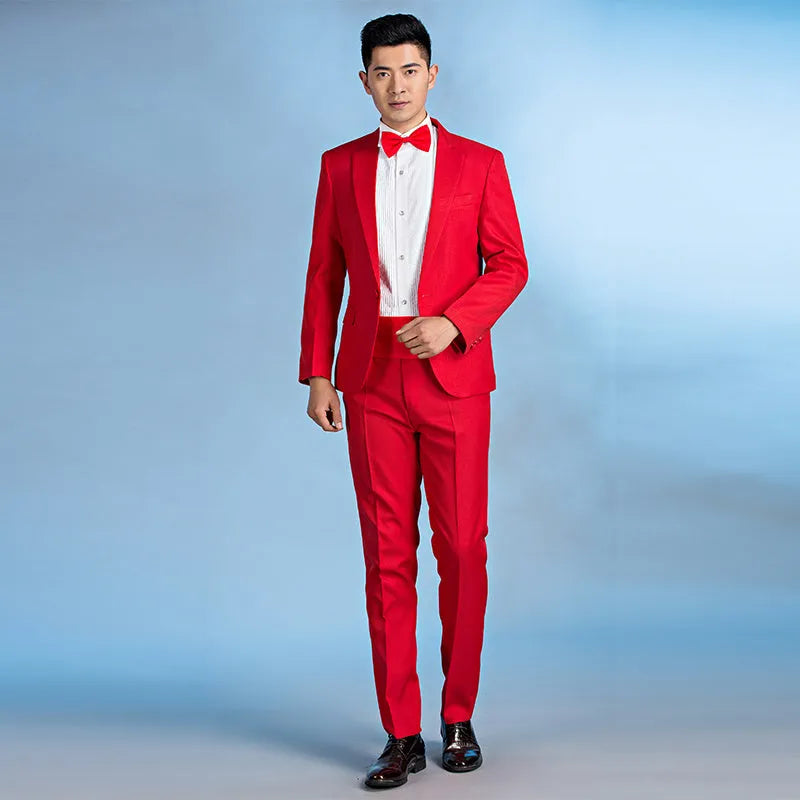 Men's slim fit single-breasted wedding suit in black or white, sizes S to 2XL, flat collar, no slit