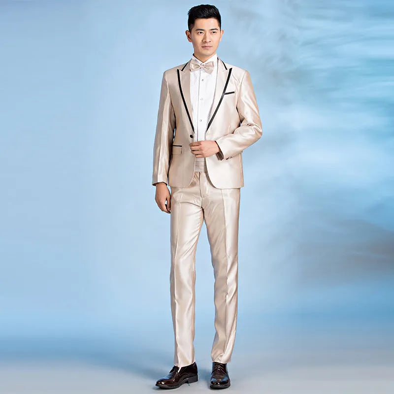 Men's slim fit single-breasted wedding suit in black or white, sizes S to 2XL, flat collar, no slit