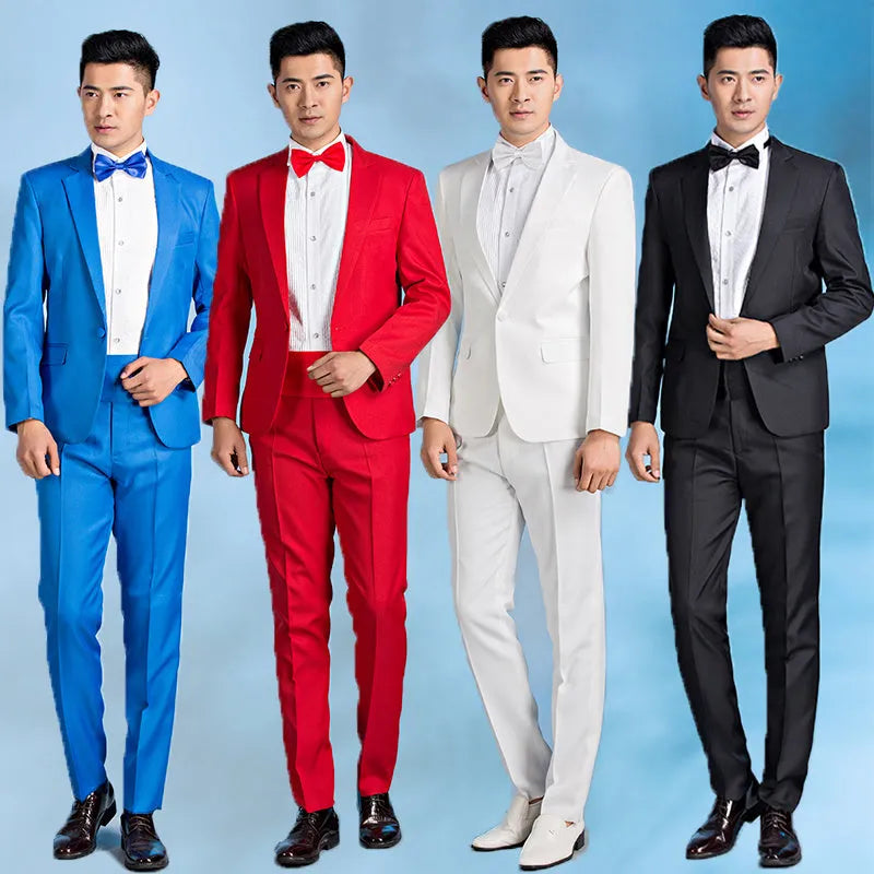 Men's slim fit single-breasted wedding suit in black or white, sizes S to 2XL, flat collar, no slit