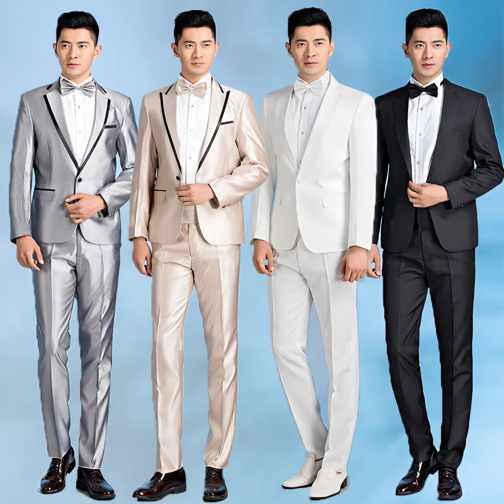 Men's slim fit single-breasted wedding suit in black or white, sizes S to 2XL, flat collar, no slit