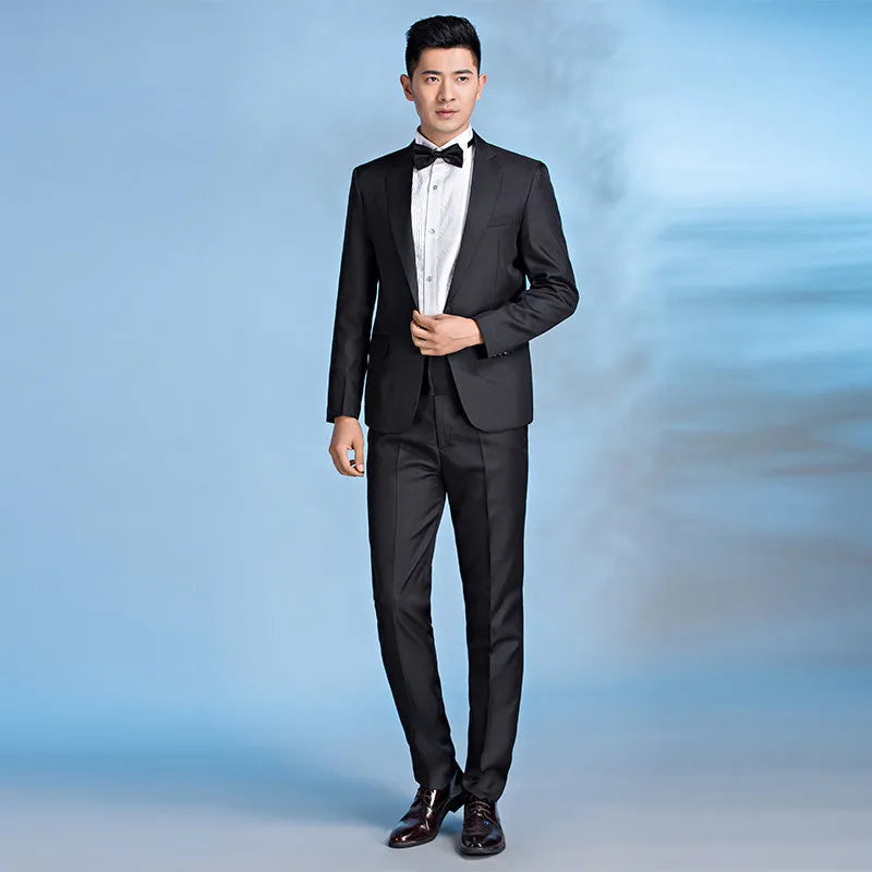 Men's slim fit single-breasted wedding suit in black or white, sizes S to 2XL, flat collar, no slit