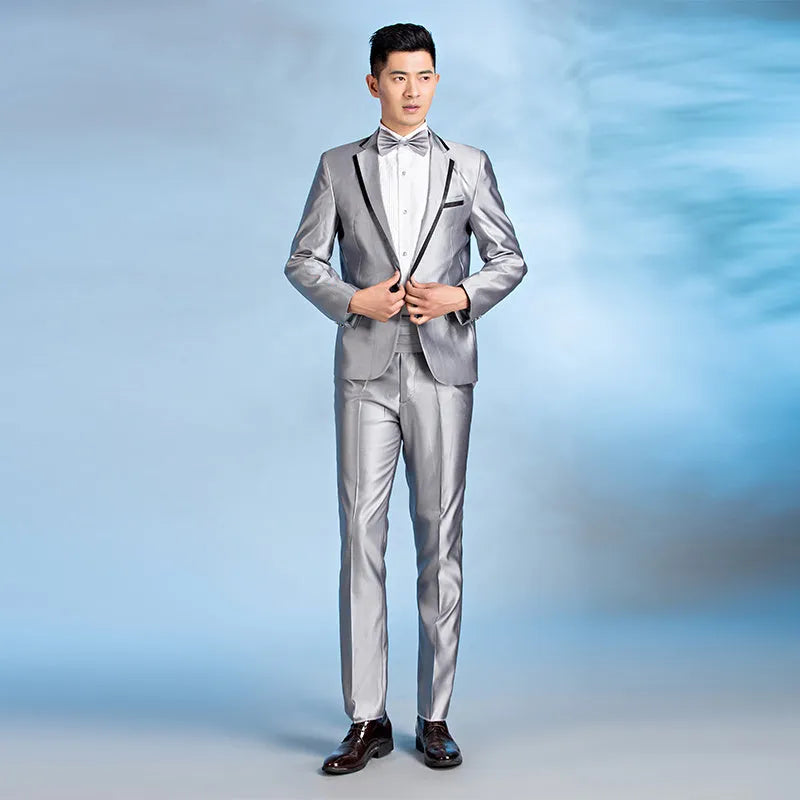 Men's slim fit single-breasted wedding suit in black or white, sizes S to 2XL, flat collar, no slit