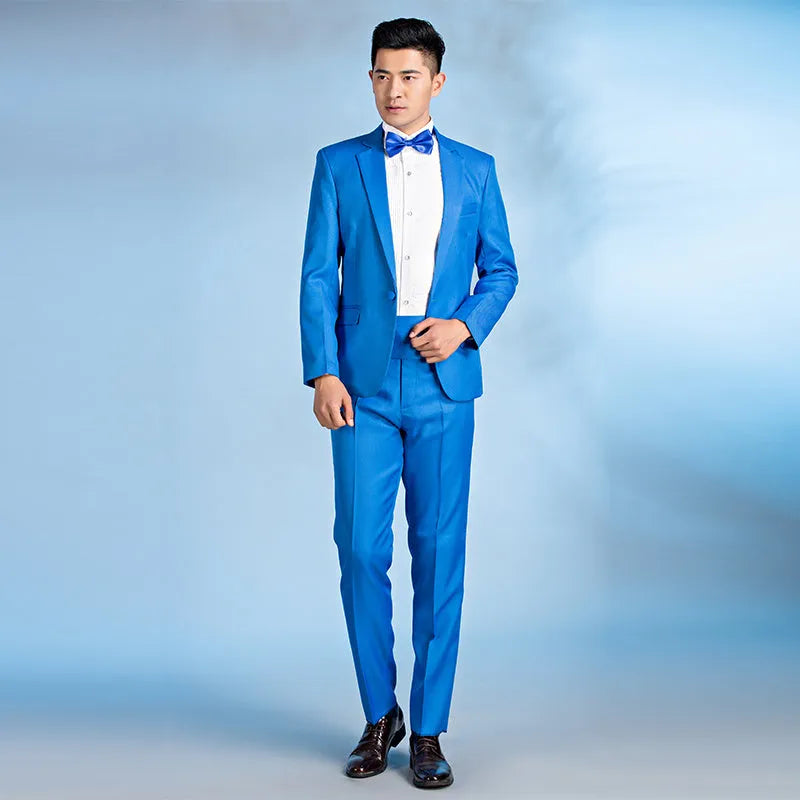 Men's slim fit single-breasted wedding suit in black or white, sizes S to 2XL, flat collar, no slit