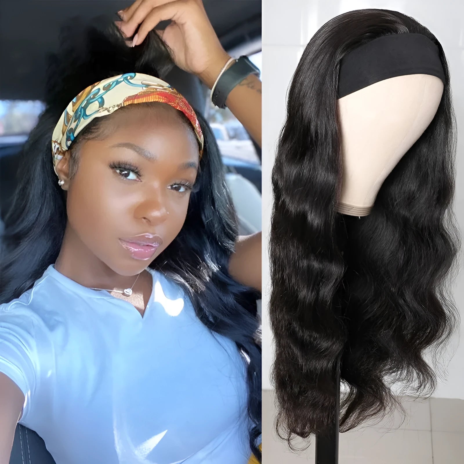 Long curly black synthetic wig with big wave and centred bangs on a head model