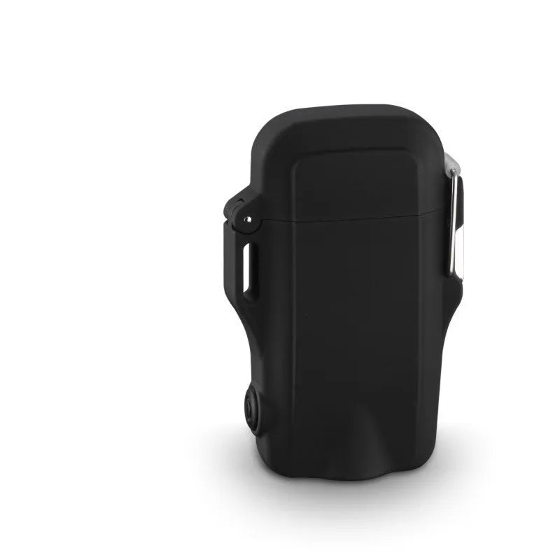 Waterproof camouflage power bank with dual USB ports and a bright LED flashlight on a rocky outdoor surface.