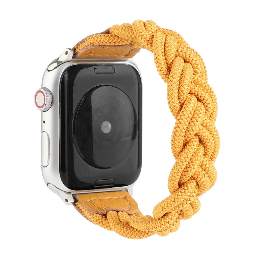 Braided single loop watch strap for Apple Watch in multiple colour options showing adjustable sizing.