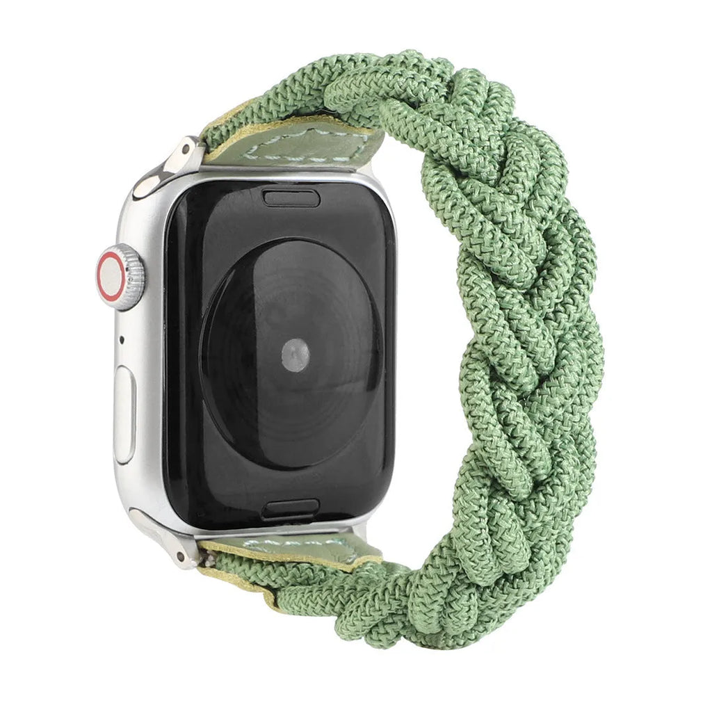 Braided single loop watch strap for Apple Watch in multiple colour options showing adjustable sizing.