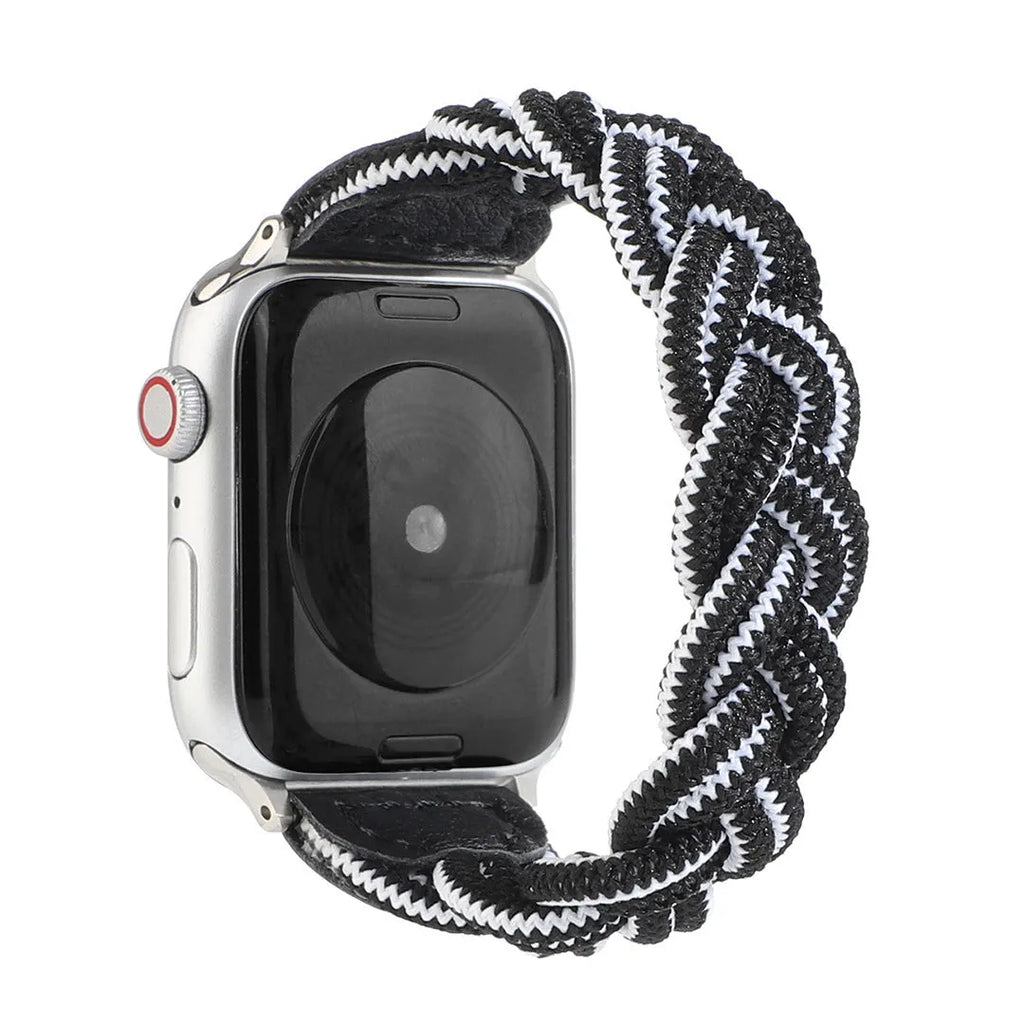 Braided single loop watch strap for Apple Watch in multiple colour options showing adjustable sizing.