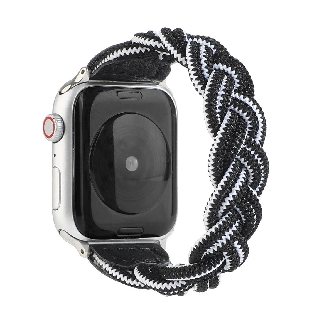 Braided single loop watch strap for Apple Watch in multiple colour options showing adjustable sizing.