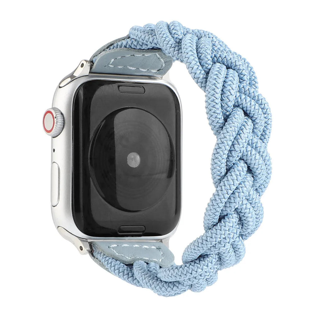 Braided single loop watch strap for Apple Watch in multiple colour options showing adjustable sizing.