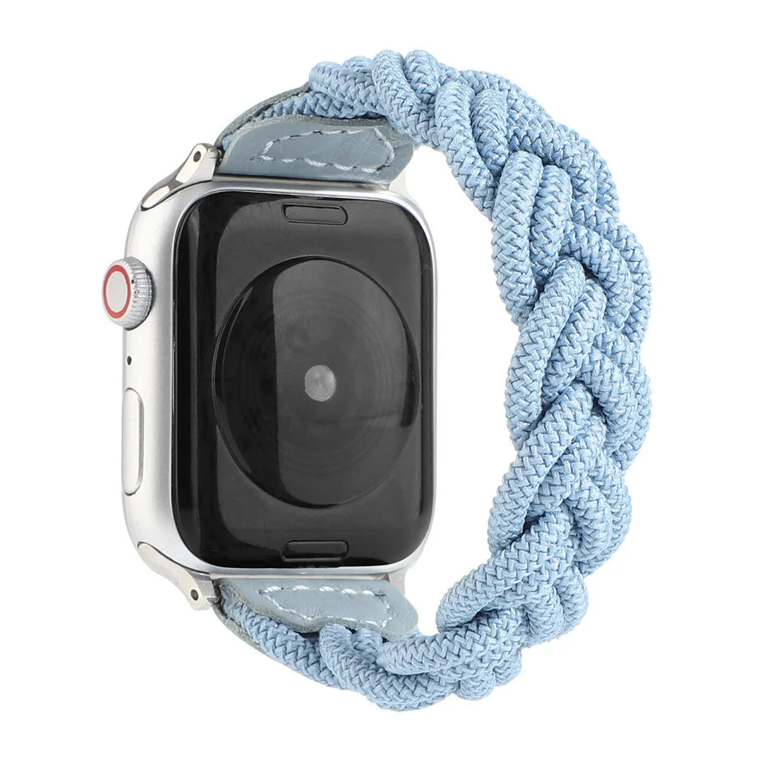 Braided single loop watch strap for Apple Watch in multiple colour options showing adjustable sizing.