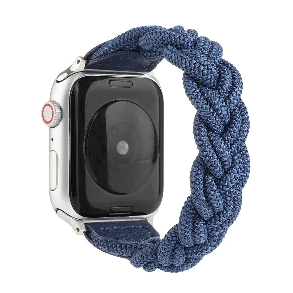 Braided single loop watch strap for Apple Watch in multiple colour options showing adjustable sizing.