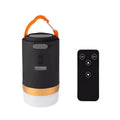 Black remote control emergency camping light with LED illumination and a separate wireless remote.