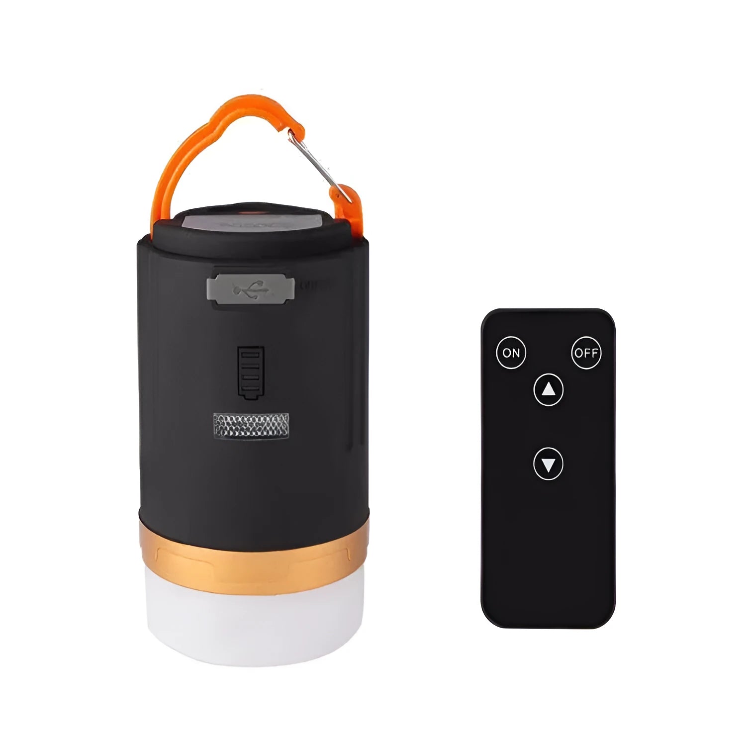 Black remote control emergency camping light with LED illumination and a separate wireless remote.